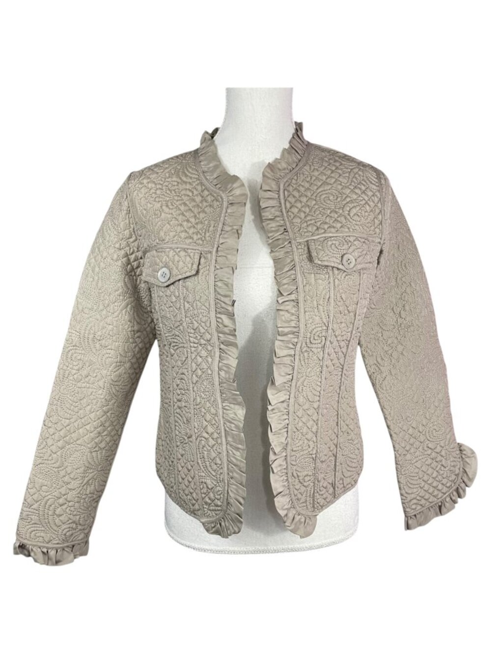 100% Silk Quilted Jacket S Gray Ruffled Trim Pockets Lightweight Filled Silver